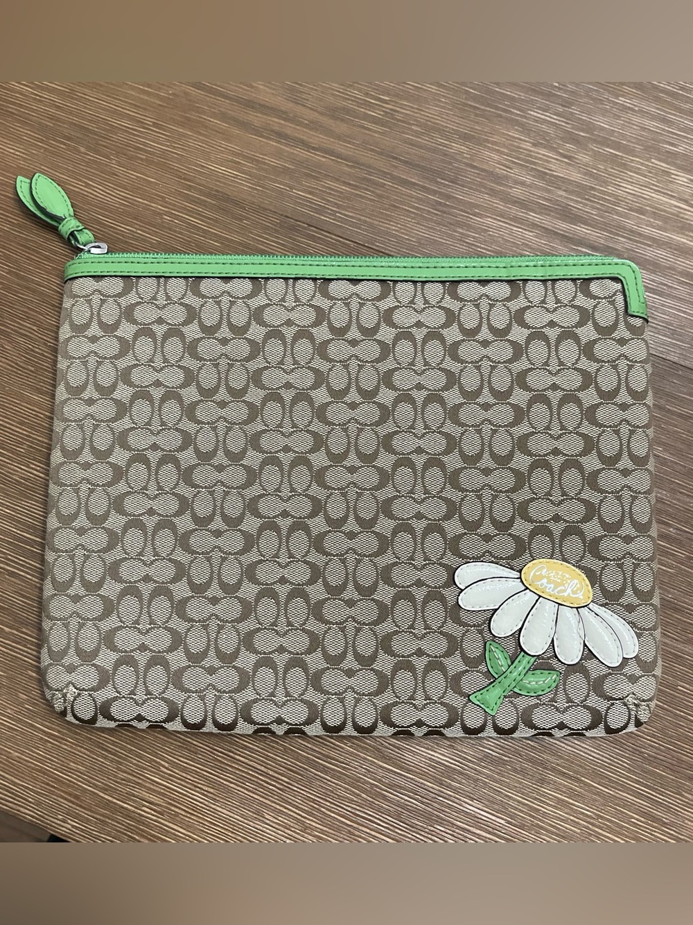 Coach Brown Signature Canvas iPad Case with Green Trim and White Daisy